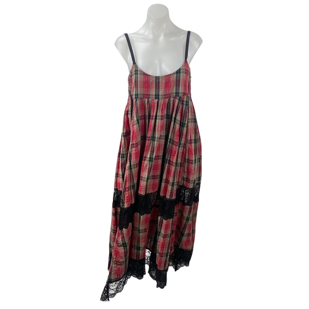Urban Outfitters Baez Red Plaid Flannel Lace Inset Sleeveless Midi Tank Dress M